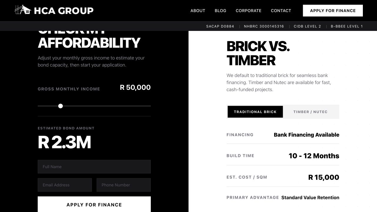 HCA Group affordability calculator and construction comparison interface